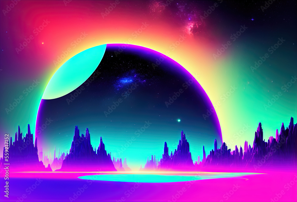Neon color night sky art illustration. Generative AI Neon color night sky art illustration. Generative AI