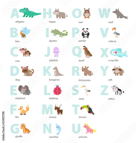 Fototapeta Naklejka Na Ścianę i Meble -  Cute Animal Alphabet Letter Flat Illustration Set. This set includes illustrations of all the letters of the alphabet, each one featuring a cute animal starting with that letter.