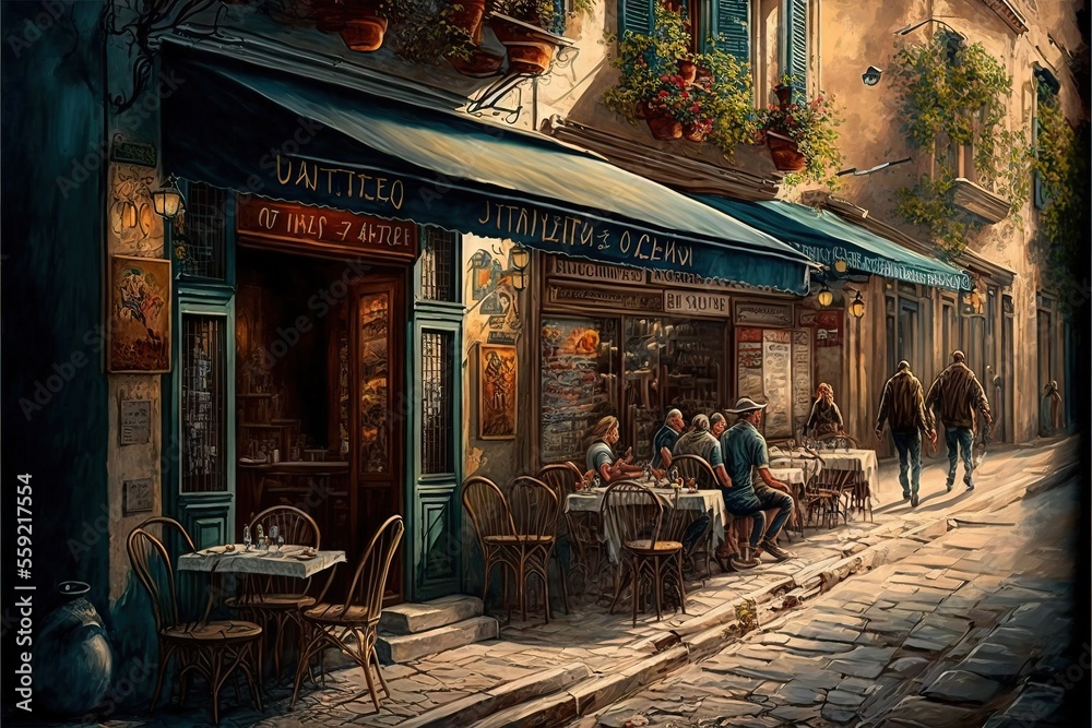a painting of a restaurant with people sitting at tables outside of it and a horse and buggy passing by the building with the restaurant on the sidewalk in front of the street. generative ai 