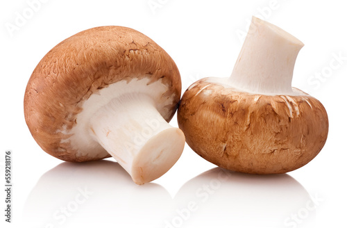 Two champignon mushrooms isolated on white background