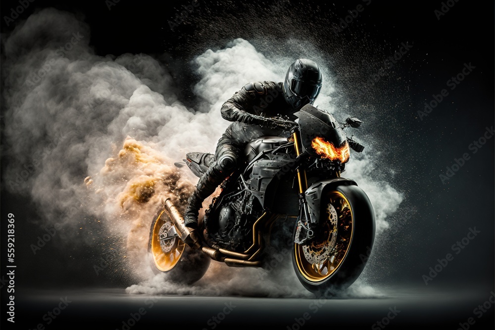 ภาพประกอบสต็อก a man riding a motorcycle on a dark background with