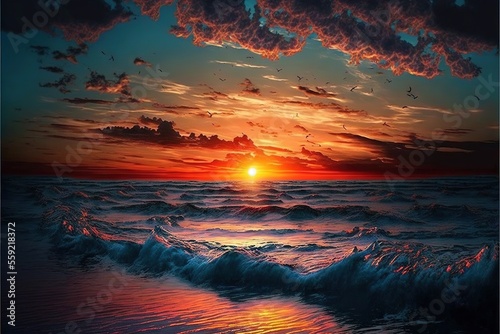 a sunset over the ocean with a wave coming in to shore and birds flying in the sky above it and a bird flying in the water below the water and the clouds above the water.