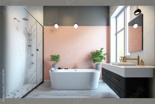 Luxury modern bathroom interior design with glass walk-in shower  spacious large minimal  Stylish vessel sink  mirror  bathtub  toilet bowl  green plants and shampoos in a hotel  apartment  or house