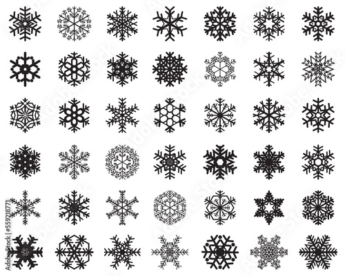 Set of different black snowflakes on a white background