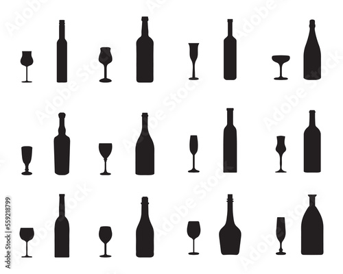 Black silhouettes of drink glasses and bottles on a white background