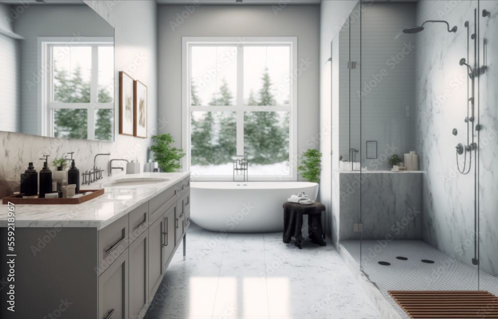 Fototapeta premium Luxury modern bathroom interior design with glass walk-in shower, spacious large minimal, Stylish vessel sink, mirror, bathtub, toilet bowl, green plants and shampoos in a hotel, apartment, or house