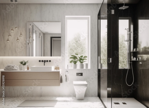 Luxury modern bathroom interior design with glass walk-in shower  spacious large minimal  Stylish vessel sink  mirror  toilet bowl  green plants and shampoos in a hotel  apartment  or house