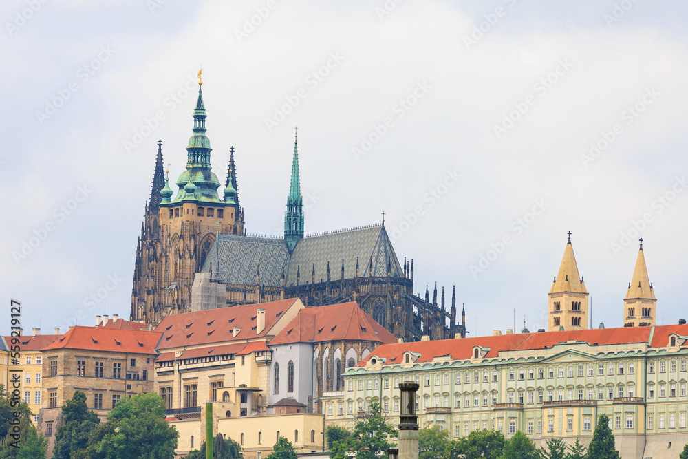 View of the Gothic Catholic Cathedral of St. Vitus, Wenceslas and Vojtech in Prague Castle. Background