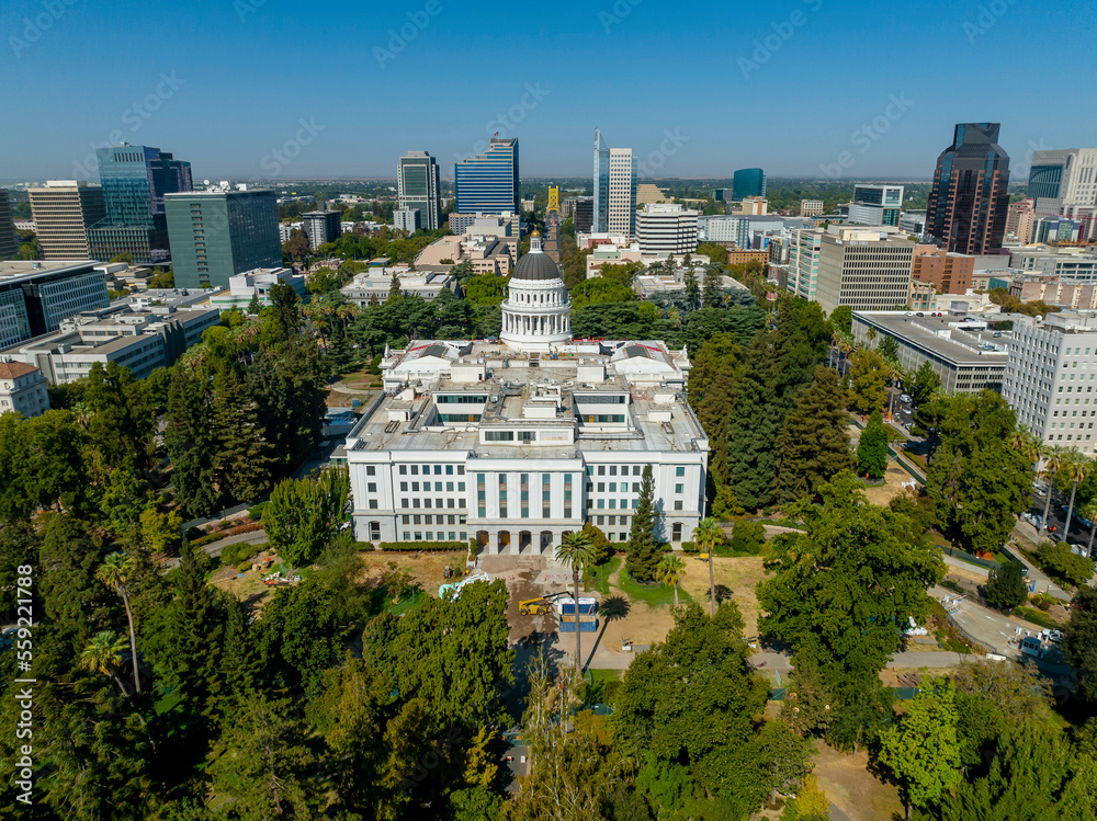 Aerial view of the California State Capitol Building in Sacramento, California