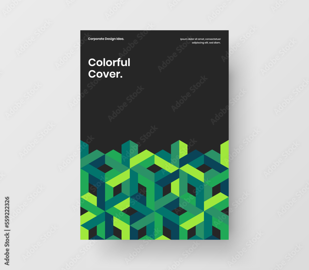 Modern journal cover design vector template. Vivid geometric hexagons pamphlet concept.