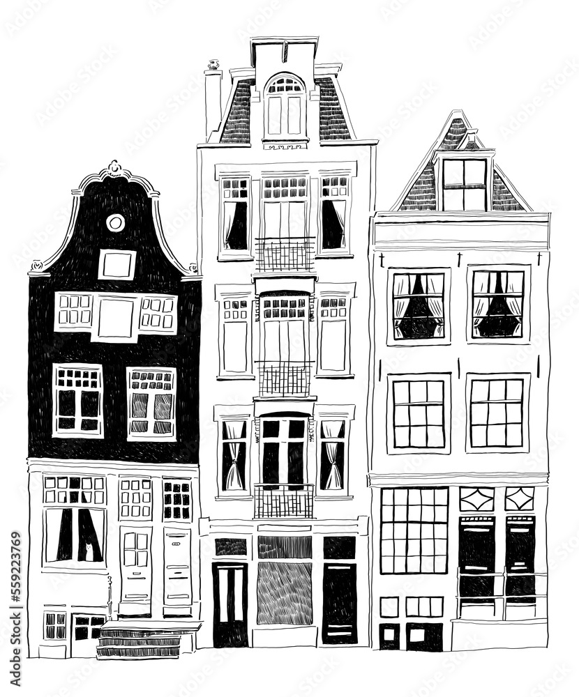 Beautiful houses in Amsterdam painted in sketch style with black and white graphics. Hand drawn illustration. Suitable for print, postcard, sketchbook cover, poster, stickers, your design.