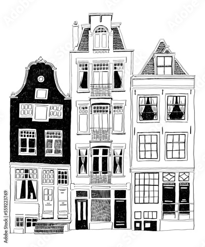 Photography Beautiful houses in Amsterdam painted in sketch style with black and white graphics