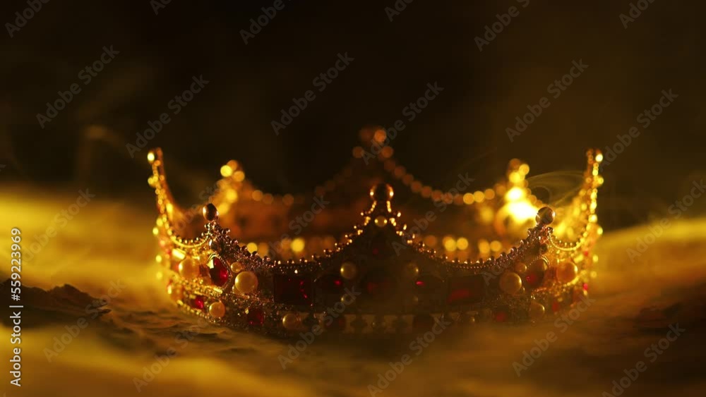 Fabulous golden crown of the king on a dark background. Panoramic view of the fog. Mockup for your logo.