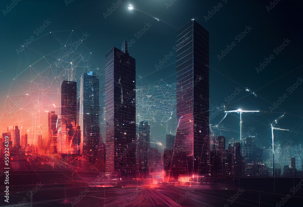 Modern concept of urban landscape and communication network. high-speed internet connection visualized as cables linking up in a spectacular futuristic and cyberpunk cityscape with skyscrapers..