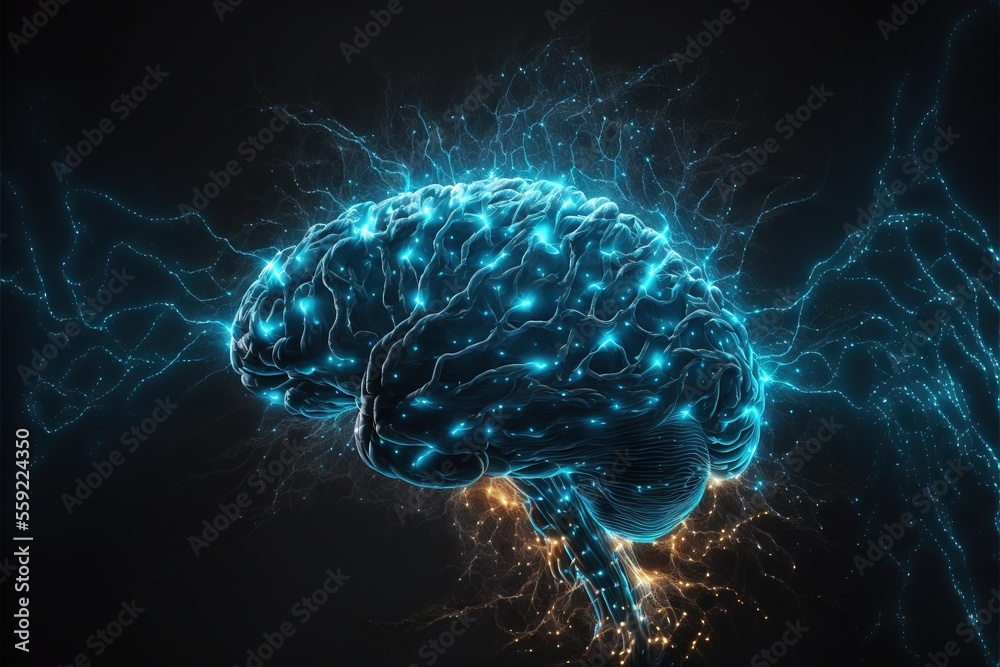 a computer generated image of a brain in blue and yellow lights and ...