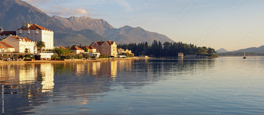 Obraz premium Beautiful winter Mediterranean landscape. Montenegro. View of Bay of Kotor and embankment of Tivat city