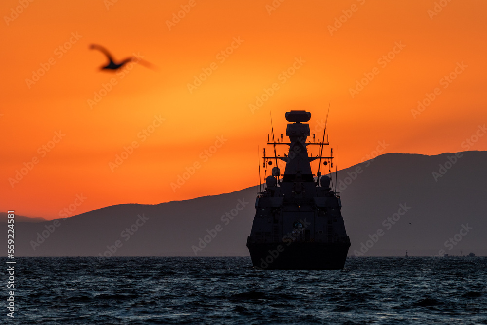 Turkish warship in the red sunset with a gull in the front of