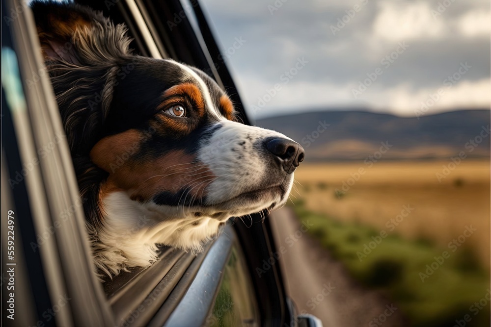 a dog looking out of a car window with a mountain in the background and ...