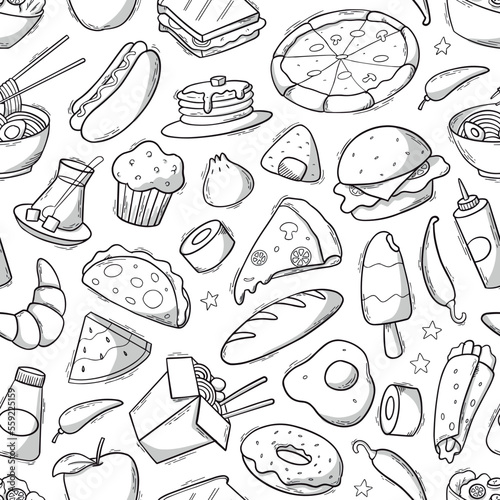 Seamless pattern with fast food doodles, elements for wallpaper, wrapping paper, backgrounds, coloring pages, scrapbooking, recipe books, textile prints, etc. EPS 10