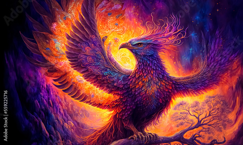 Fantasy background with enchanted Phoenix bird. fantastic magical illustration. Digital art. 