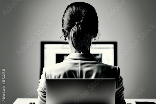 3d illustration of woman sitting at desk, computer, laptop, working from home or office