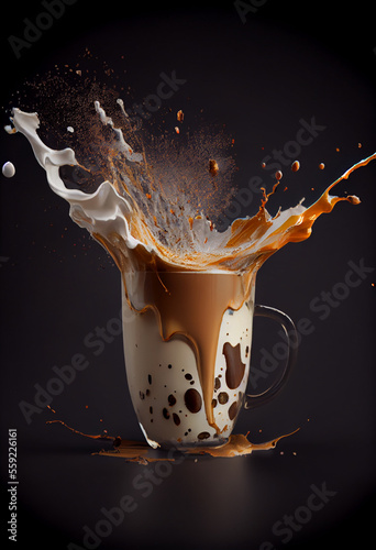 Cup with coffee being poured, coffee and milk splashes