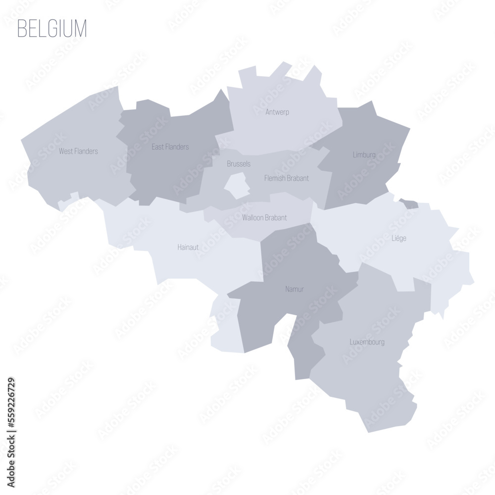 Belgium political map of administrative divisions - provinces. Grey vector map with labels.