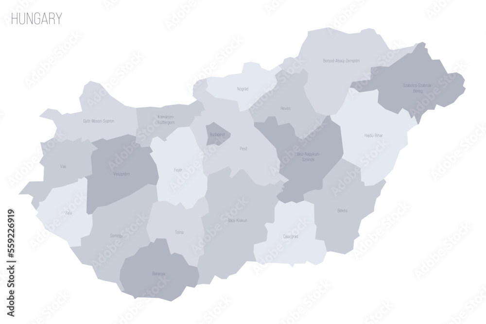 Hungary political map of administrative divisions - counties and autonomous city of Budapest. Grey vector map with labels.