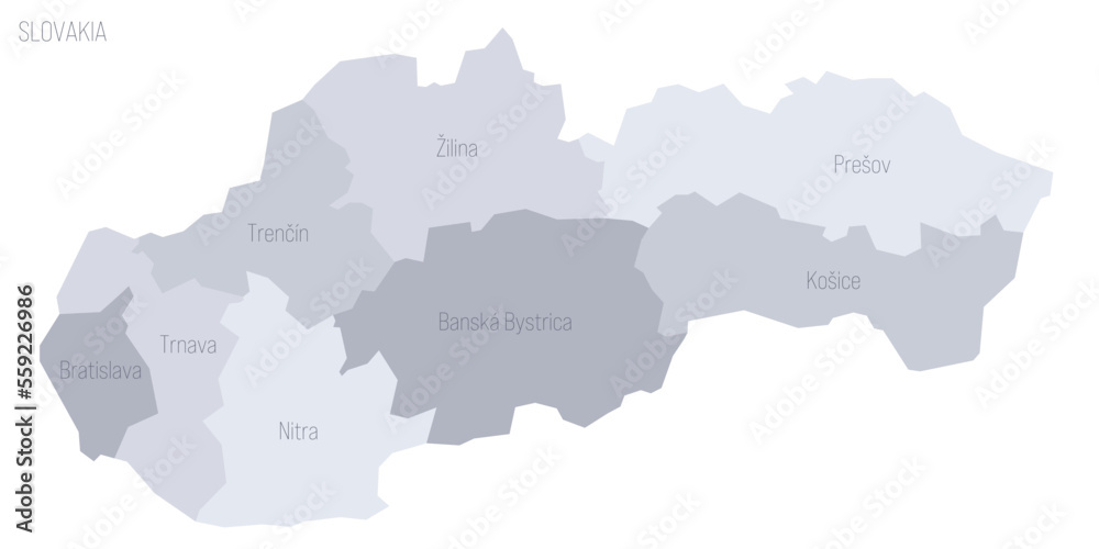 Slovakia political map of administrative divisions - regions. Grey vector map with labels.
