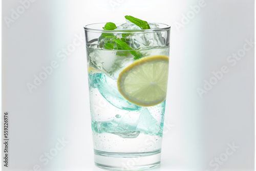 a glass of water with lemon slices, mint leaves, and ice cubes on a light background