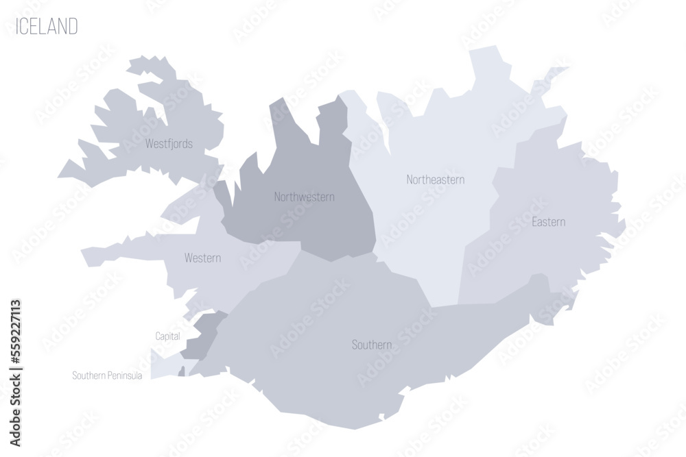 Iceland political map of administrative divisions - regions. Grey vector map with labels.