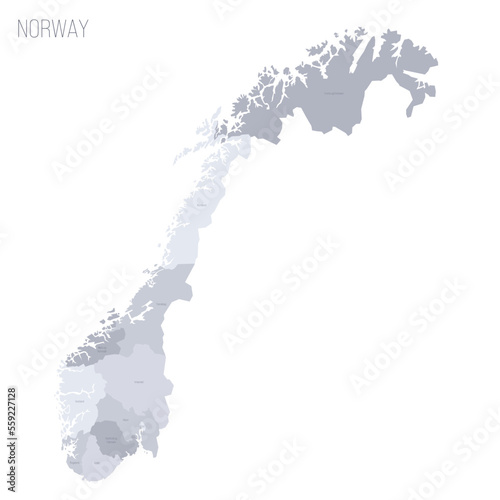 Norway political map of administrative divisions - counties and autonomous city of Oslo. Grey vector map with labels.