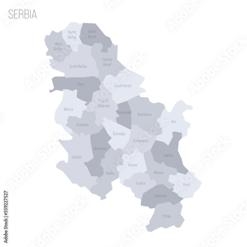 Serbia political map of administrative divisions - okrugs and autonomous city of Belgrade. Grey vector map with labels.