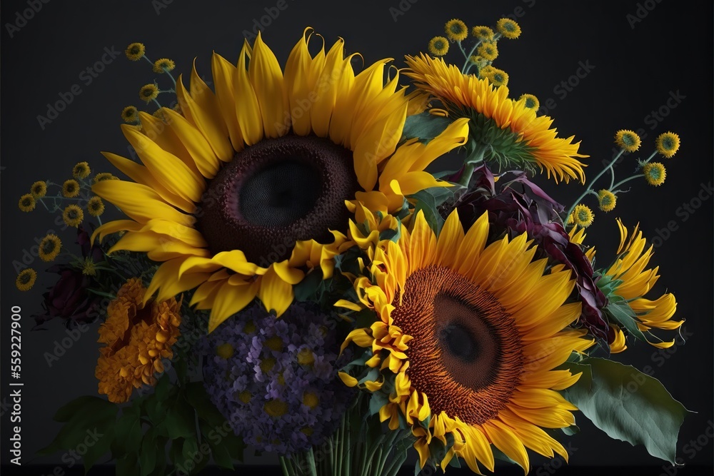a vase filled with yellow sunflowers and purple flowers on a table top ...