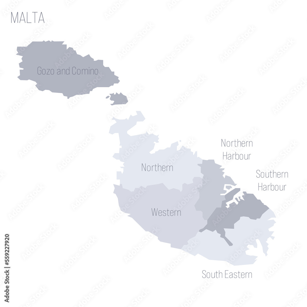 Malta political map of administrative divisions - regions. Grey vector map with labels.