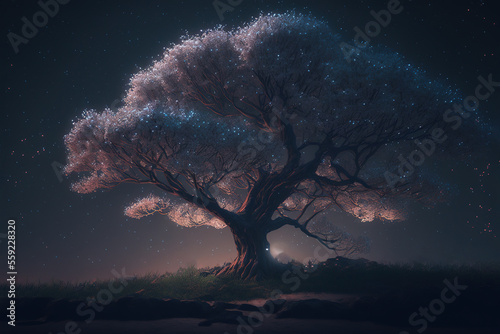 cherry blossom tree, night sky, spring, bloom, landscape, art illustration #559228320