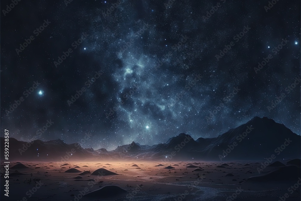 a night sky with stars and a mountain range in the distance with a ...