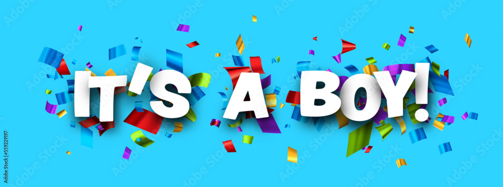 Fototapeta premium It's a boy sign over colorful cut out ribbon confetti background.