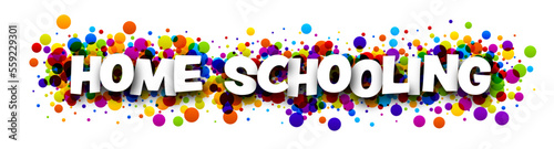 Home schooling header over colorful round dots confetti background.