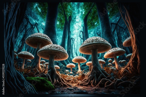  a group of mushrooms in a forest with trees and grass in the background, with a dark background and a black frame with a black border around the mushrooms and leaves and a dark area. Generative AI photo