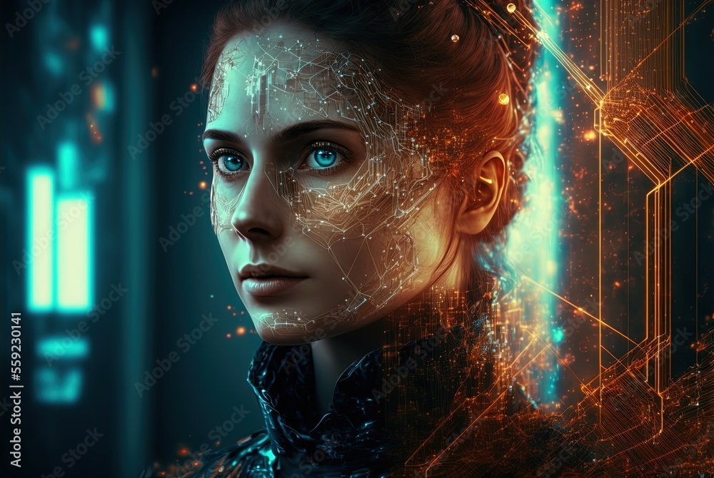 Woman in Virtual Reality Space. Generative AI, non-existent person. Woman in Virtual Reality Space. Generative AI, non-existent person.