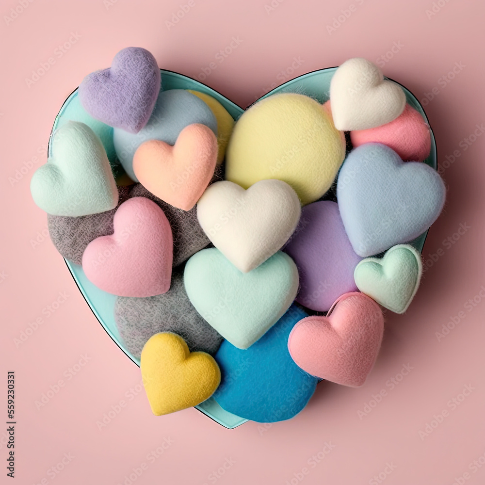 Obraz premium Isolated felted hearts, felt wool hearts, love generative ai illustration, Valentine's day crafts on pink background