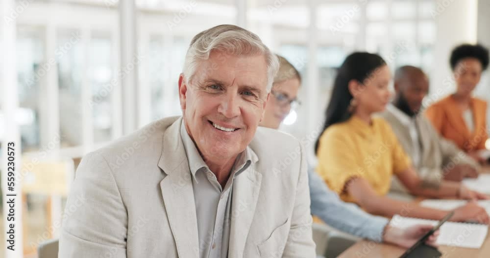 Happy businessman, face and office meeting in marketing vision management, advertising growth training or leadership. Smile portrait, mature CEO and creative designer in global teamwork collaboration Happy businessman, face and office meeting in marketing vision management, advertising growth training or leadership. Smile portrait, mature CEO and creative designer in global teamwork collaboration