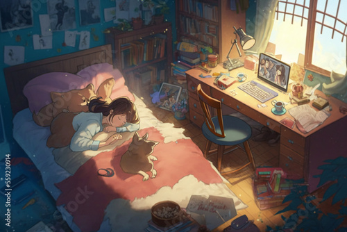Cute girl, manga, illustration - lofi music background photo