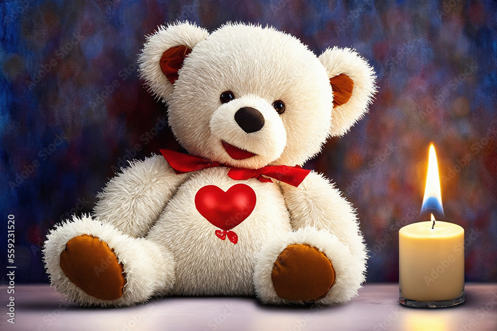 white teddy bear with red heart sitting next to a lit candle on a table with a blue background, generative AI white teddy bear with red heart sitting next to a lit candle on a table with a blue background, generative AI
