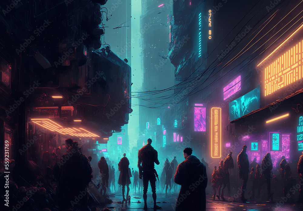 cyberpunk megacity city, crowds of people, neon lights, concept art cyberpunk megacity city, crowds of people, neon lights, concept art