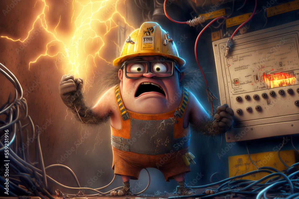 Wütender Elektriker mit einer Explosion im Hintergrund als Cartoon - obrazy, fototapety, plakaty 