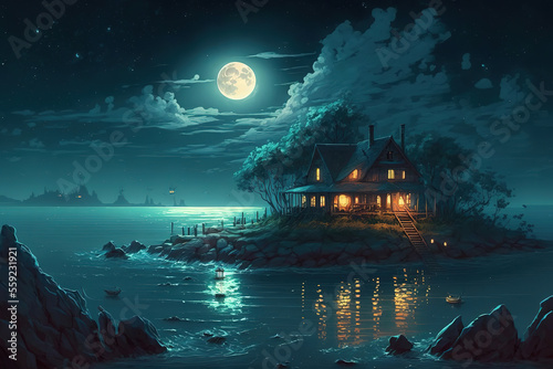 Night ocean landscape, full moon and stars shine, nature landscape, art illustration © vvalentine