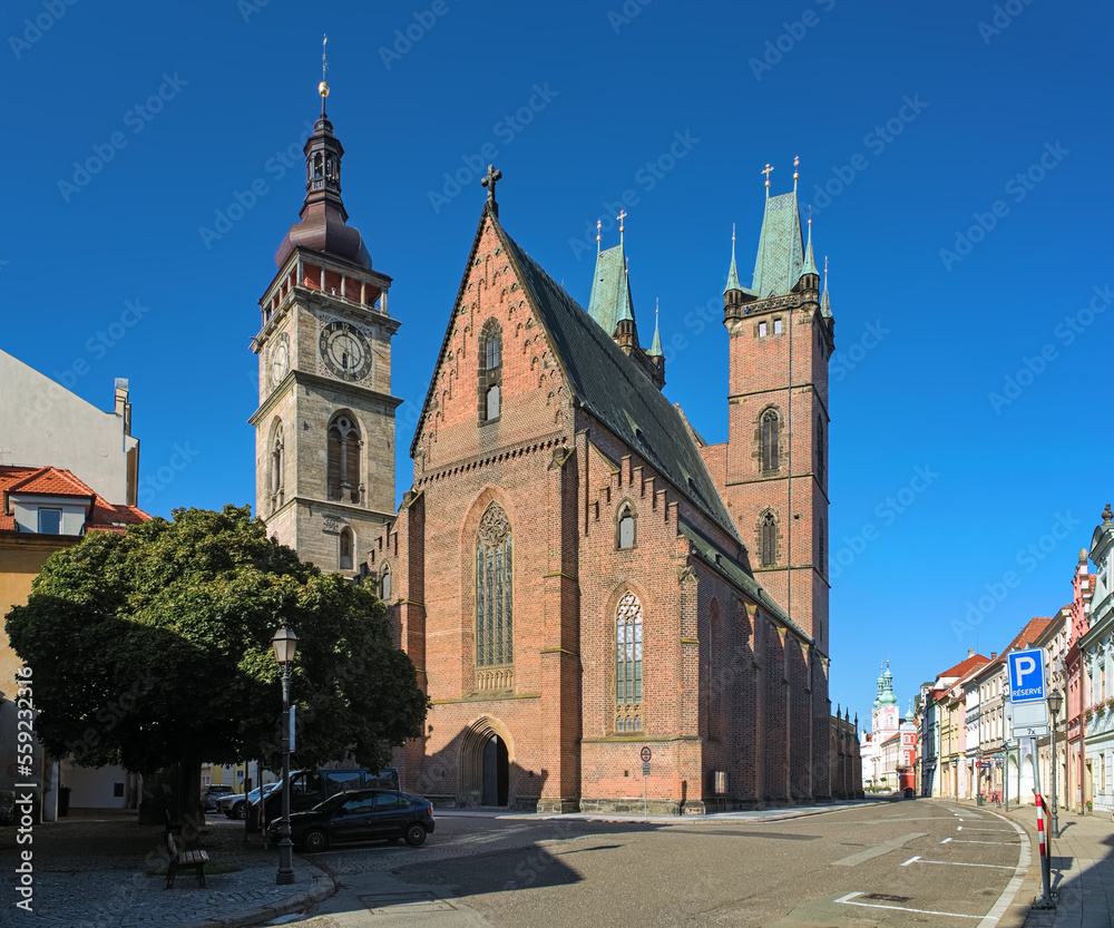 Hradec Kralove, Czech Republic. Cathedral of the Holy Spirit and White Tower. The cathedral was founded in 1307. The tower was founded in 1574.