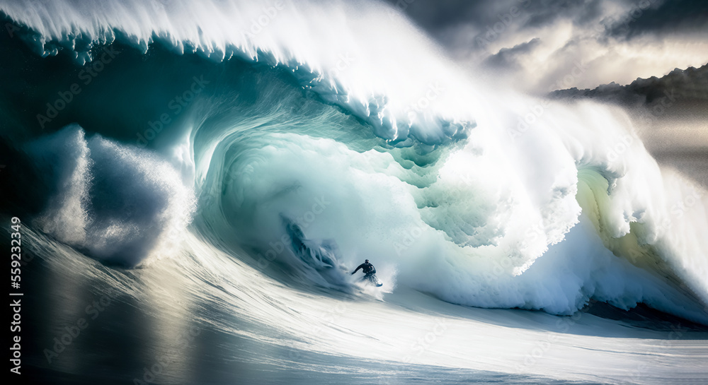 A man, a surfer in front of a giant wave. The concept of the power of nature and the vulnerability of man to its forces. Huge waves Tsunami Big waves.	